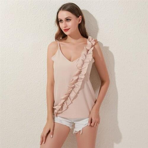 Women Sexy V Neck Ruffle Blouse Shirts New Summer Backless Spaghetti Strap Casual Tops Elegant Sleeveless Office Ladies Blouses