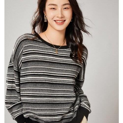 High-end Women SweaterO-neck100% Pure wool stripe Knitting Pullovers Female 2021 Winter Soft Warm Jumpers Long Sleeve