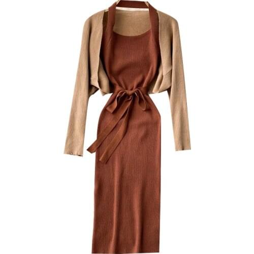 WIGADFHK Rib Knit Solid Color Two-piece Womens Fashion Long-sleeved Shawl Top + slim-fit Suspender Dress Street Matching Suit