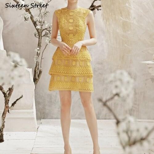 Yellow Lace Dresses for Woman Summer O-neck Sleeveless Mini Dress Bodycon Woman Runway Design Patchwork Short Dress Hollow Out