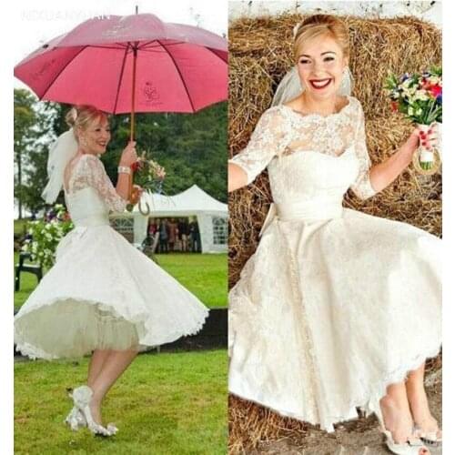 Short Lace 2021 Wedding Dress 1/2 Sleeves Bateau A-Line Appliques Tea Length Vestido De Novia De Bridal Wedding Gowns