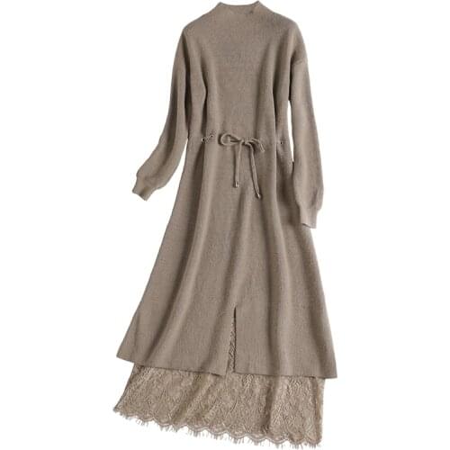 Knitting dress women Autumn And Winter 2019 new Loose Lace dress vintage Long sleeve Sweater Long dress women