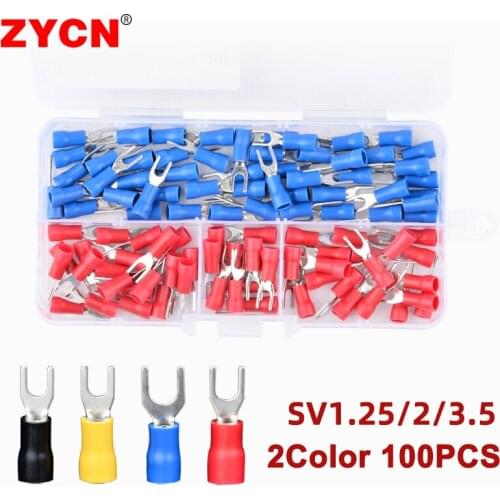 100PCS/Box SV Furcate Crimp Connector Pressed Terminals SV2-4 5.5-8 1.25-3 Color Pre-Insulating Cable Wire Fork Spade AWG 22-10
