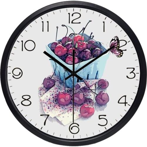 12inch Vintage Cherry Fruit Restaurant Wall Clock, Non Ticking Sound Glass Cover Metal Tough Clock