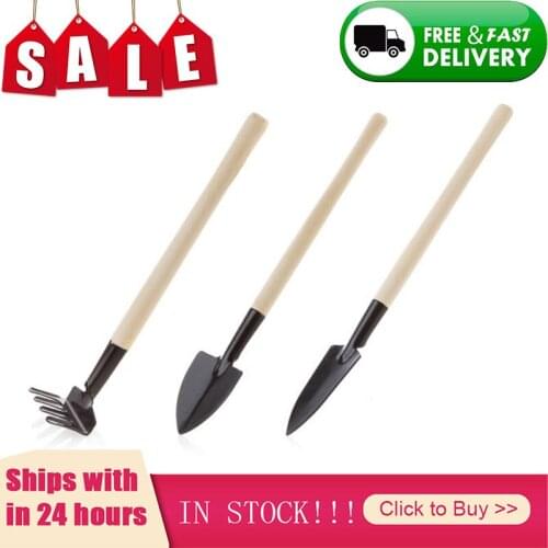3pcs Mini Portable Gardening Tool Metal Head Shovel Rake Spade Plant Garden Soil Raising Flowers Wooden Handle Tool Set