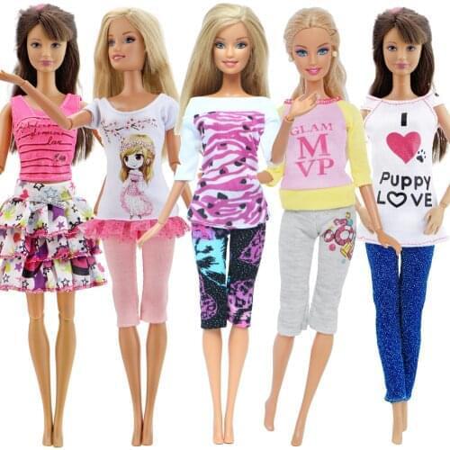 5 Pcs / Set Handmade Mixed Style Outfit Cute Blouse Shirt Mini Dress Leggings Clothes For Barbie Doll Accessories Kids Toy
