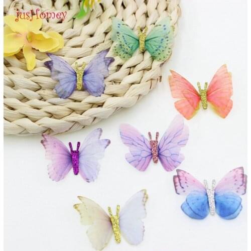 56PCS Gradient Color Organza Fabric Butterfly Appliques 48mm Translucent Chiffon Butterfly for Party Decor, Doll Embellishment
