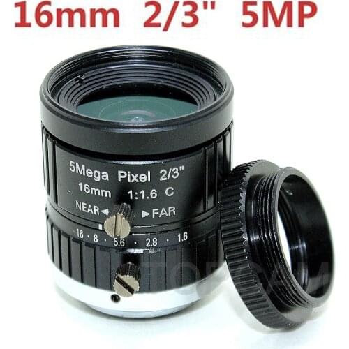 5MP 2/3" 16mm Lens C Mount Professional Low Distortion F1.6 CCTV Industrial Machine Vision For HD Camera