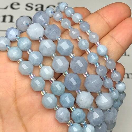 Natural Stone Faceted Aquamarines Beads Round Loose Spacer Beads For Jewelry Making Diy Handmade Bracelet Necklace 6/8/10MM 15"