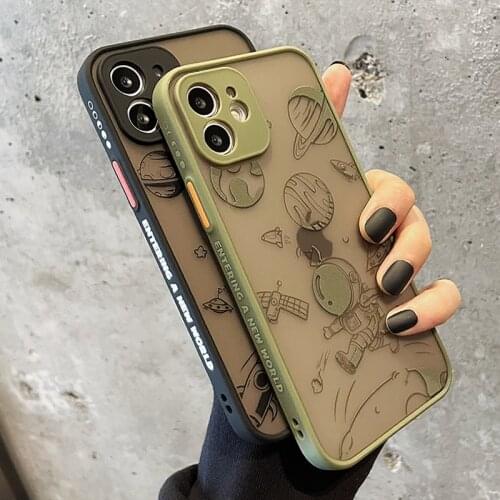 Cartoon Space Astronaut Matte Phone Case For iPhone 12 11 Pro MAX Mini XR X XS 7 8 Plus SE 2020 Transparent Shockproof Cover