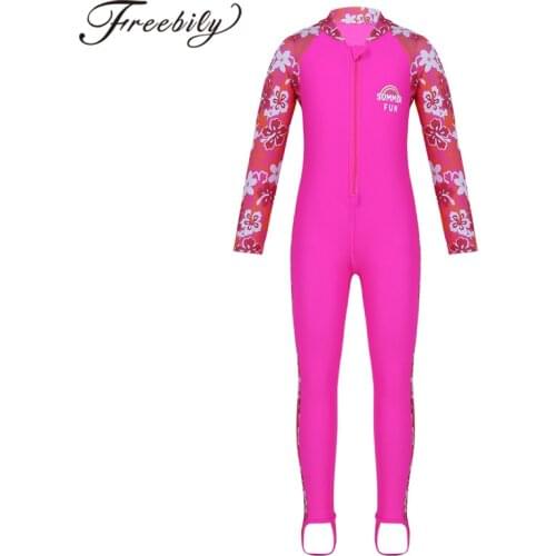 Summer Kids Girls Surfing One-piece Flower Printed Long Sleeves Zipper Up Rash Guard Children Swimsuit Swimwear Bathing Suit
