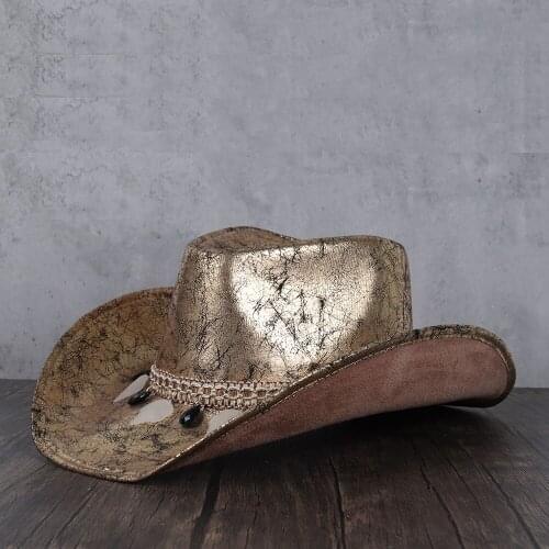 Men Women Leather Western Cowboy Hats Outdoor Gold Rill Brim Jazz Hat Sombrero Hombre Hat