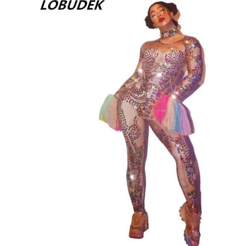 Colorful Sequins Stretch Spandex Jumpsuit Leotard Stage Wear Long Sleeve Bodycon Jumpsuits Singer Dancer Show Leggings Costume