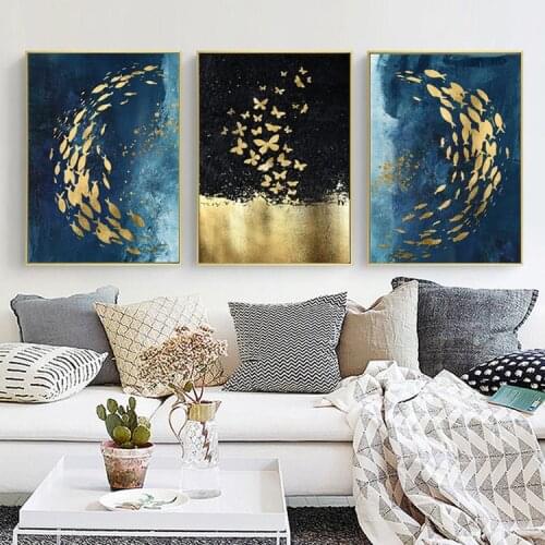 Nordic Style Blue Modern Light Luxury Oil Painting Golden Fish Group Flowing Abstract Frameless Bedroom Drawing Canvas Art