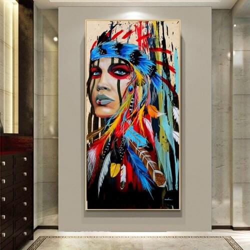 Native American Canvas Wall Art Painting Indian Women Color Feather Poster and Prints Modern Home Decor For Living Room Cuadros