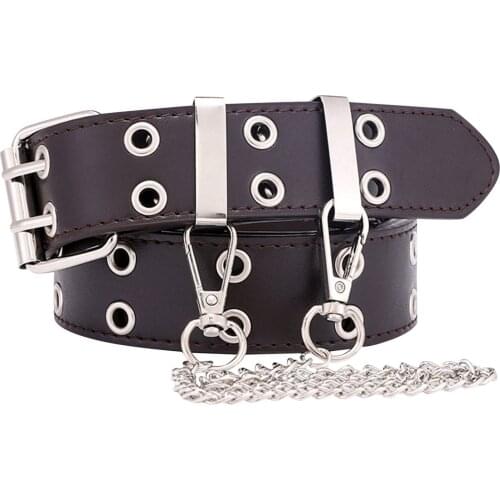 Fashion Harajuku Women Punk Chain Belt Adjustable Black Double/single Eyelet Grommet Metal Buckle Leather Waistband For Jeans