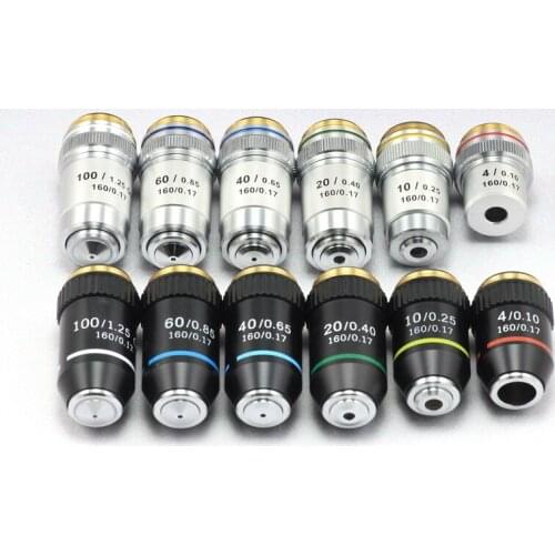 Biological Microscope Lens 195 Achromatic Objective Lens 4X 10X 20X 40X 60X 100X(oil) Sliver Black Shell Optional