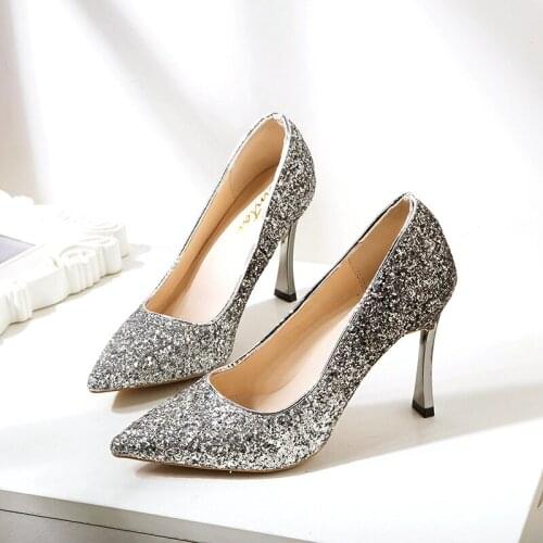 Wedding shoes female silver sequins Gradient high heels women pointed thick with heel crystal single shoes bride shoe W32-42