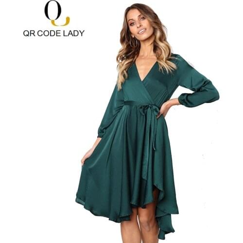 QR Bandage Summer Dress Women 2019 Elegant Vintage Slim Solid Long Sleeve Dress Female Sexy Deep V Neck Evening Party Dresses