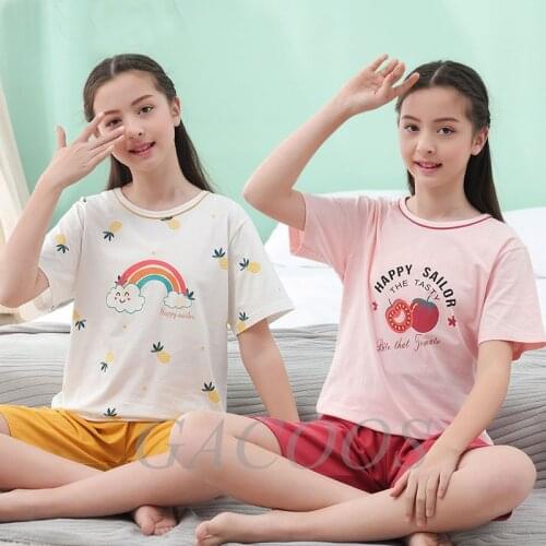 Teens Pijamas Short Sleeve Cotton Pyjamas Kids Clothes Sets Cartoon Big Boy Sleepwear Cute Pajamas For Girls 8 10 12 14 16 Years