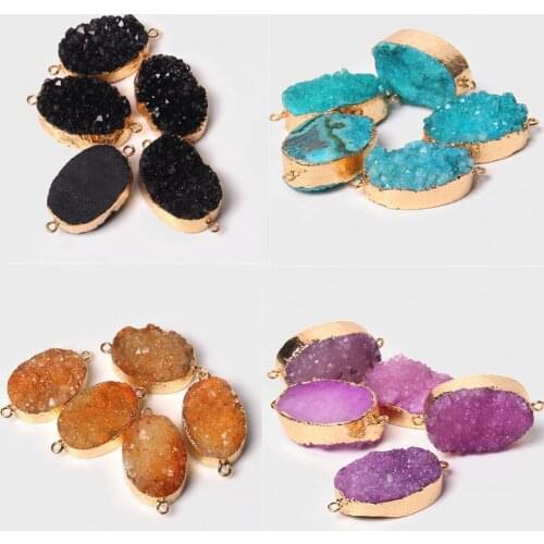 Double Hole Druzy Stone Pendant Connectors Natural Stone Crystal Charms for Jewelry Making Necklace Healing DIY Craft Bracelets