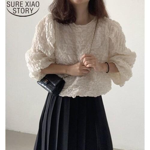 Casual Loose Shirt Puff Sleeve Fashion Tops Korean Chic Long Sleeve Blouse Women Tops O-neck Pleated Shirts Autumn Blusas 16025