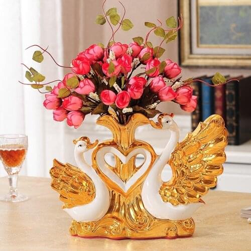 Gold-plated Swan Wedding Gift Ceramic Vase Ornaments Home Furnishing Decoration Crafts Livingroom Creative TV Table Figurines