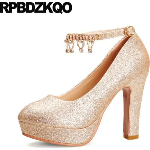 High Heels Pumps Glitter 12cm 5 Inch Gold Shoes Women With Platform Ankle Strap 11 43 Block 10 42 Crystal Big Size Bridal Golden