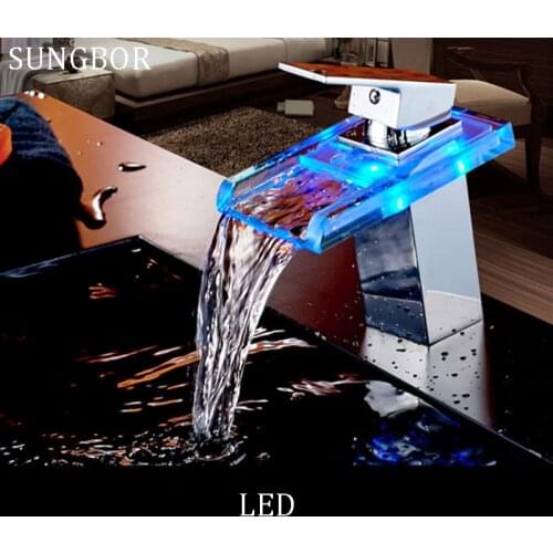 LED Basin Faucet Brass Waterfall Temperature Colors Change Bathroom Mixer Tap Deck Mounted Wash Sink Glass Taps