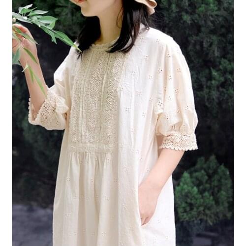 Japanese-style cotton Hook flower lace embroidery loose half sleeve dress