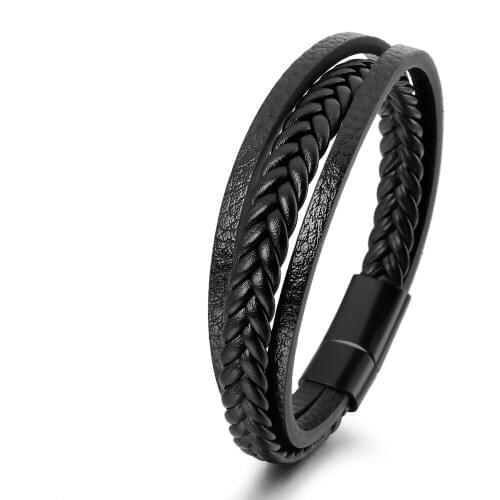 ZG New Fashion Leather Rope Hand-woven Stainless Steel Magnetic Buckle Multilayer Mens Bracelet Jewelry