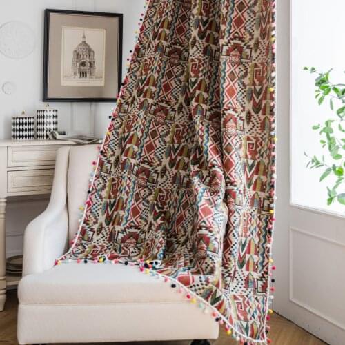 Ethnic Color Jacquard Tassels Cotton Linen Fabric Kitchen Curtain Semi Shading Bay Window Living Room Curtain Home Decoration
