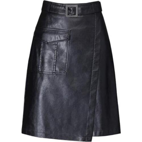 Spring Black PU Leather Skirt Women 2021 New Female High Waist Wrap Midi Skirt Office Irregular Skirt Knee Length Plus Size