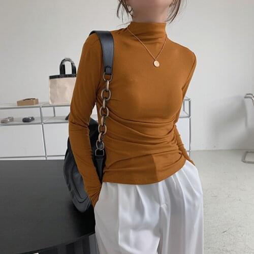 Autumn Stretch Modal Soft T-shirts For Women Long Sleeve Turtleneck Skinny Tops Tees Female Solid TShirt Winter T039