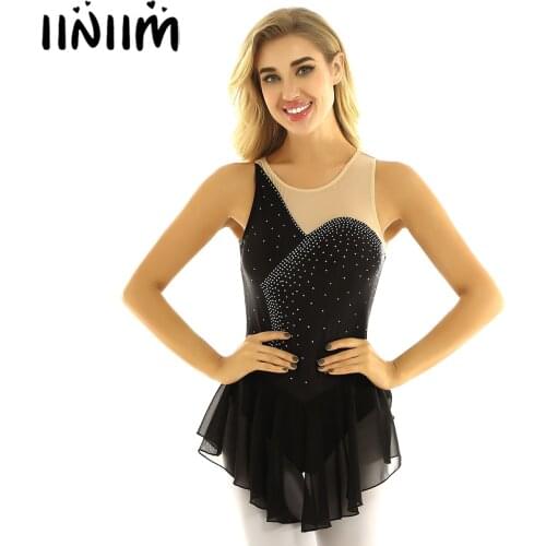 Women Adults Shiny Rhinestones Mesh Spliced Bodice Figure Skating Dress Roller Ice Skating Ballet Dance Costumes Leotard Dress