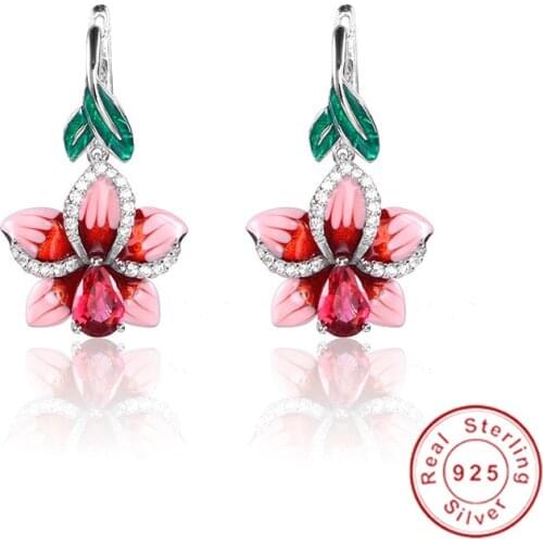 Cute Pink Epoxy Flower with Zircon Stone Silver Stud Earrings for Women Fashion Jewelry 2019 New Korean Earrings