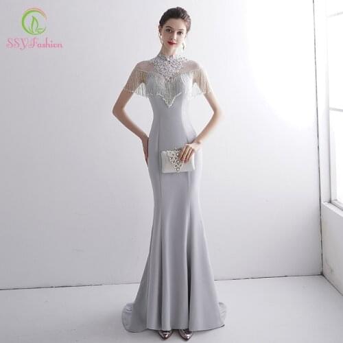 SSYFashion New Luxury Mermaid Evening Dress Banquet Elegant Grey High-neck Lace Beading Tassel Formal Prom Gown Robe De Soiree