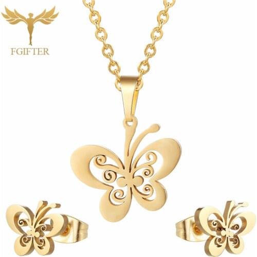 FGifter Gold Butterfly Stud Earrings Necklace Jewelry Sets for Girls Children Stainless Steel Jewelry Kids Gifts Wholesale