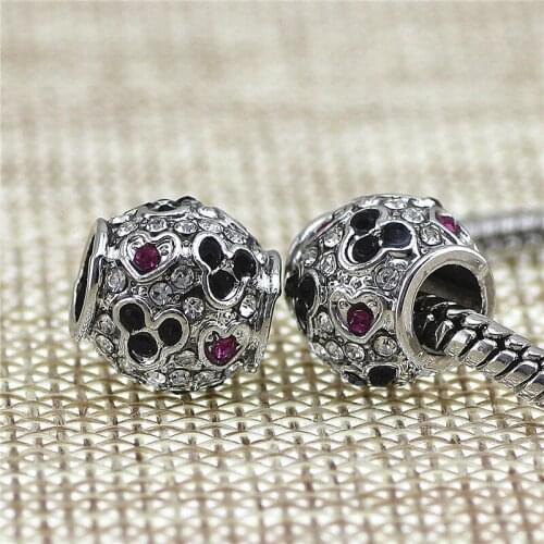 2 colors mickey cz beads big hole Fit DIY pan style Charm Snake skeleton bracelet necklace round Jewelry Drop shipping