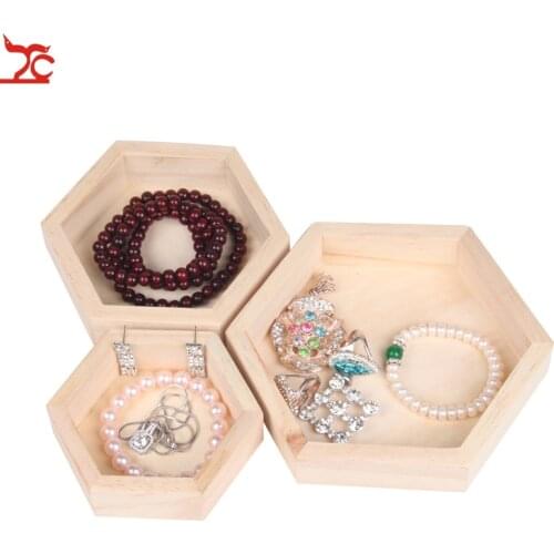 3pcs/1pc Wood Jewelry Storage Boxes Bracelet Necklace Display Tray Plate Hexagon Wooden Cases Organizer Dishes Tray