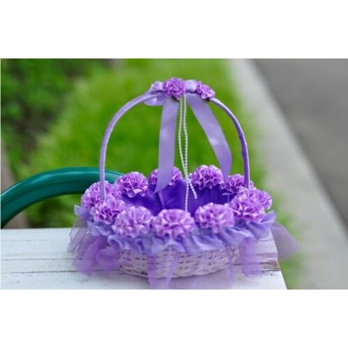 3D Purple Flower Wedding Flower Girl Basket Plum Satin Basket Wedding Ceremony Decoration Supplies