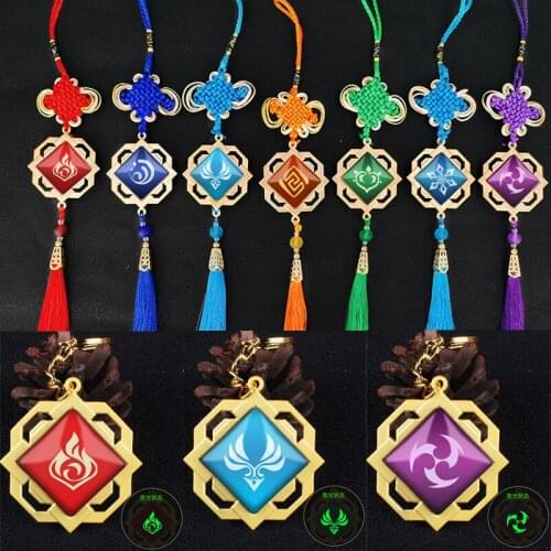 Genshin Impact Luminous Tassel Keychain Eyes of God 7 Elements Charm Alloy Pendant Keyring Jewelry Gifts