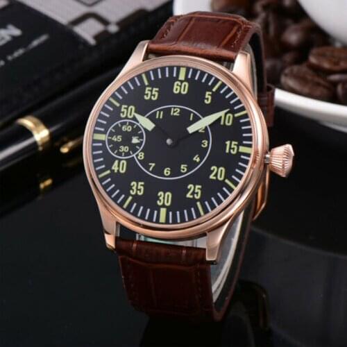 44mm Mens Watch Manual Winding Movement Wristwatch Green Luminous Rose Gold Case 3600 Mechanical 6497 Waterproof Fashion