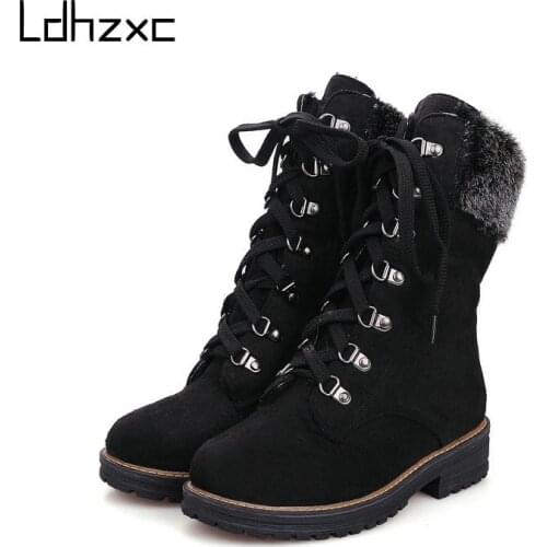 LDHZXC Pu Leather Black Boots Women Heel Sexy Fur Chunky Med Heel Platform Boots Female Punk Style Ankle Boots Zipper
