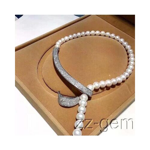 Long 25“10mm sea shell pearls necklace-cz micro pave connector earring set