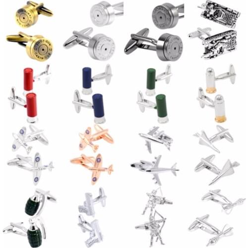 Hot sale 18 Styles Bullet Aircraft Tank Pistol Model Cufflinks for Mens Shirt Cuff botton High Quality Copper Fashion Cufflinks