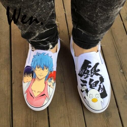 Wen Hand Painted Skateboarding Shoes for Men Women Design Custom Gintama Anime White Slip On Canvas Sneakers Low Flat Plimsolls
