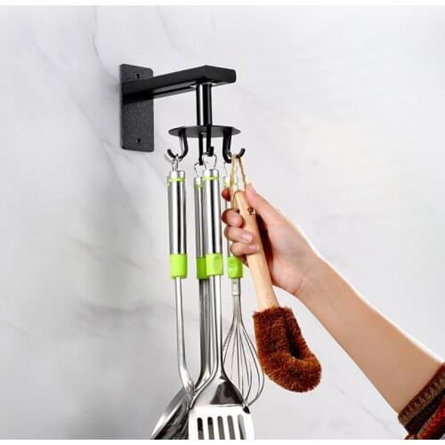 Wall Mounted Kitchen Sliding Rail Rotatable Hooks Space Aluminum Organizational Rack with 6 Hooks for Towel Pot Pan TS1