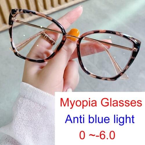 Anti Blue Light Ray Finished Myopia Glasses Women Vintage Brand Pink Leopard Female Eyeglasses Optical Cat Eye Glasses 0 to -6