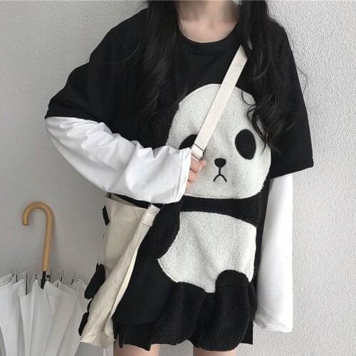 Autumn and winter womens sweater 2020 new Korean loose long sleeve splicing fake two medium and long cartoon panda top fashion